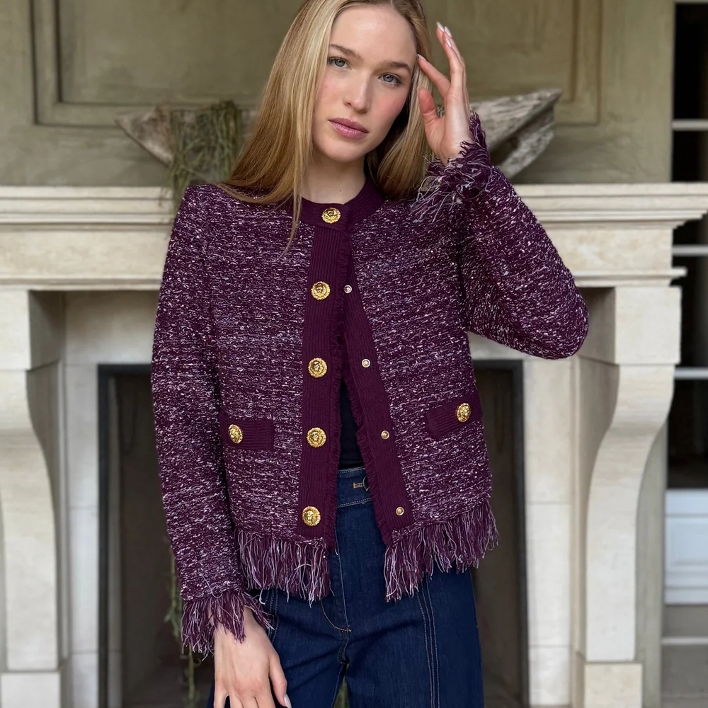 Fringed Burgundy Tweed Button-Front Cardigan